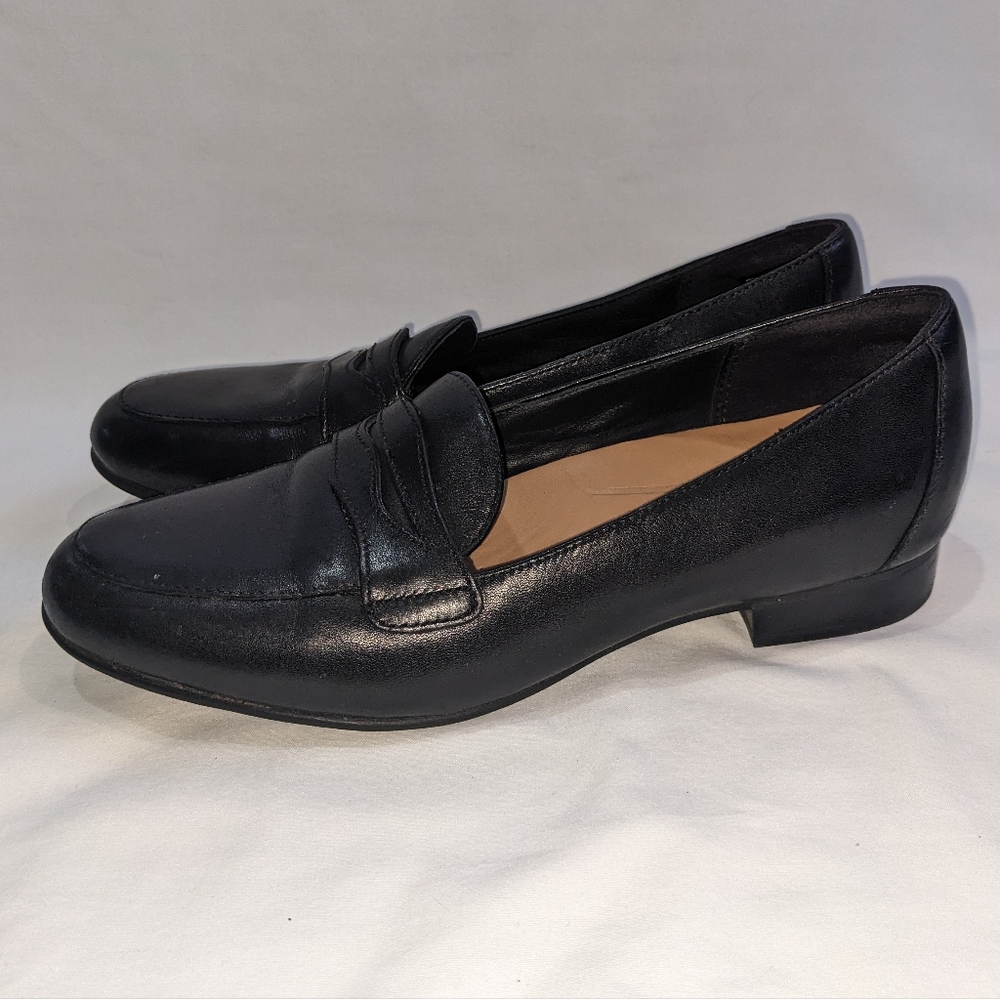 Clarks Unstructured Black Leather Penny Loafers Size 7 - Picture 6 of 13
